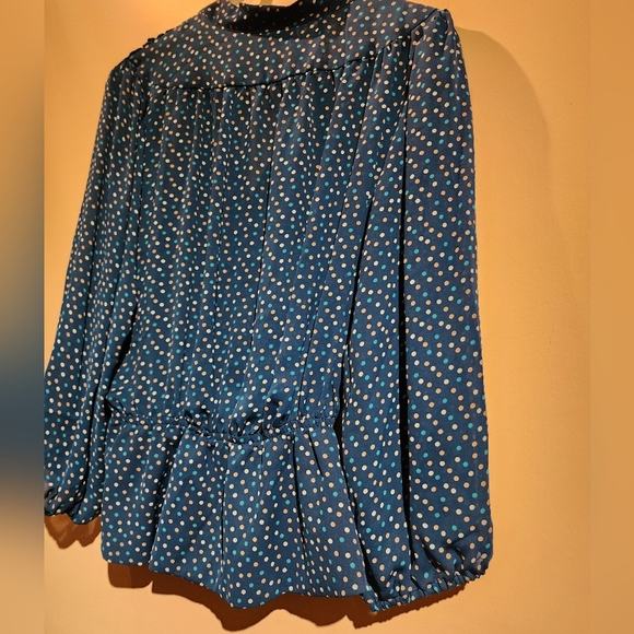 New York & Company Eva Mendes  Green White, and Tan Sheer Polkadot Blouse - Picture 6 of 15